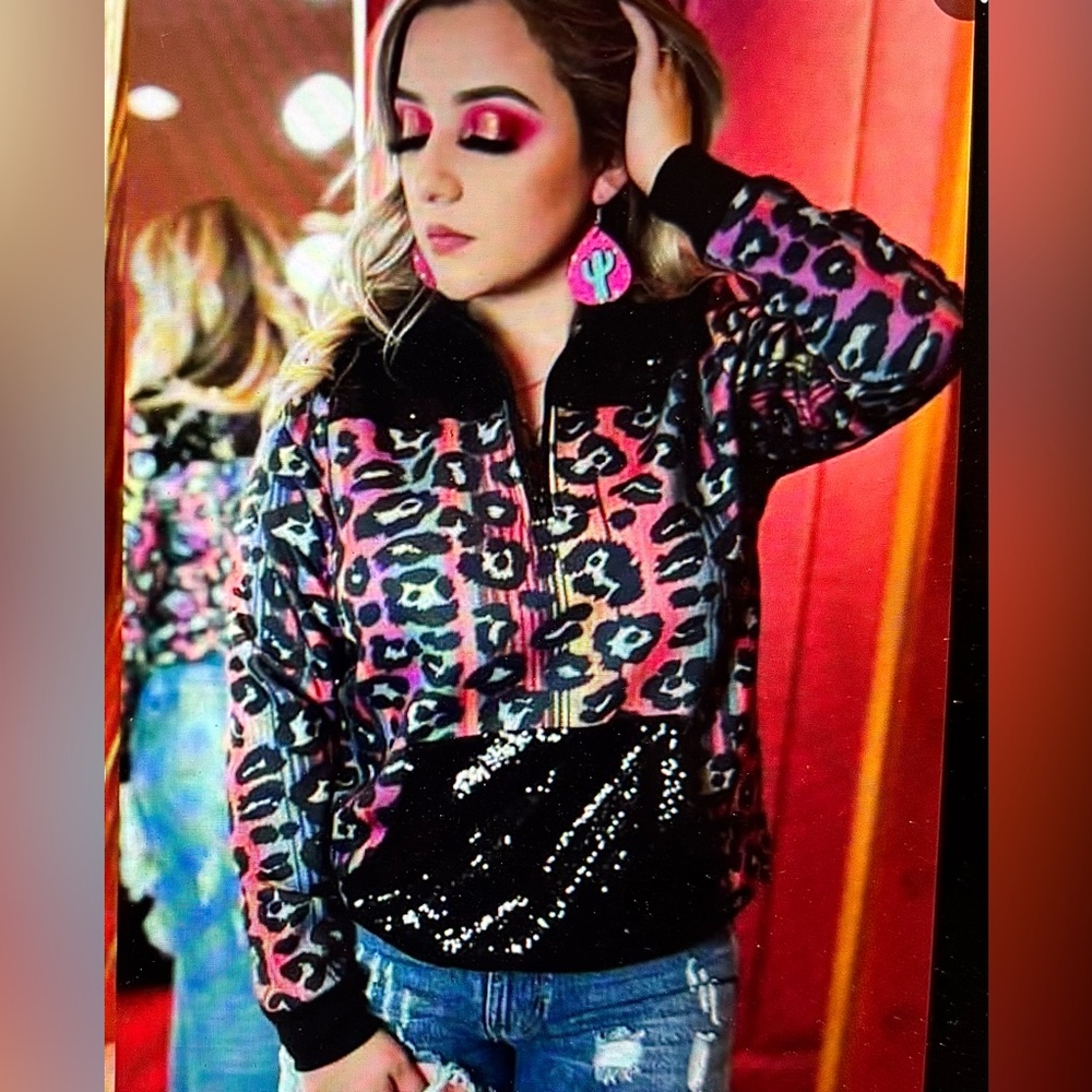 Crazy Train Multicolor Leopard Print & Black Sequ… - image 1